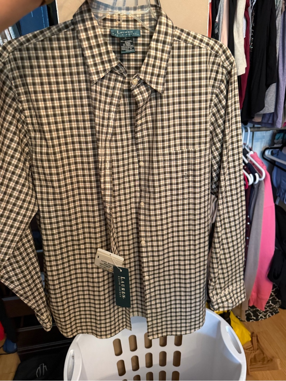 Ralph Lauren Olive Green and Cream Plaid Button-Down Shirt